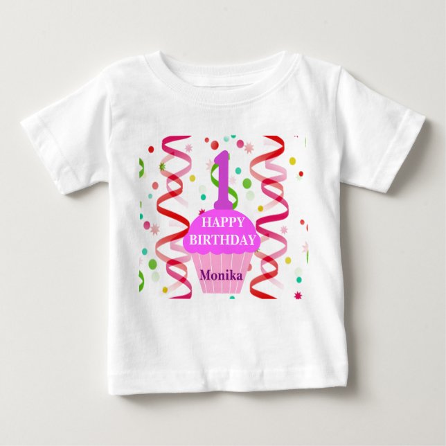 Camiseta De Bebé Edad personalizada y nombre pastel de cumpleaños f (Anverso)