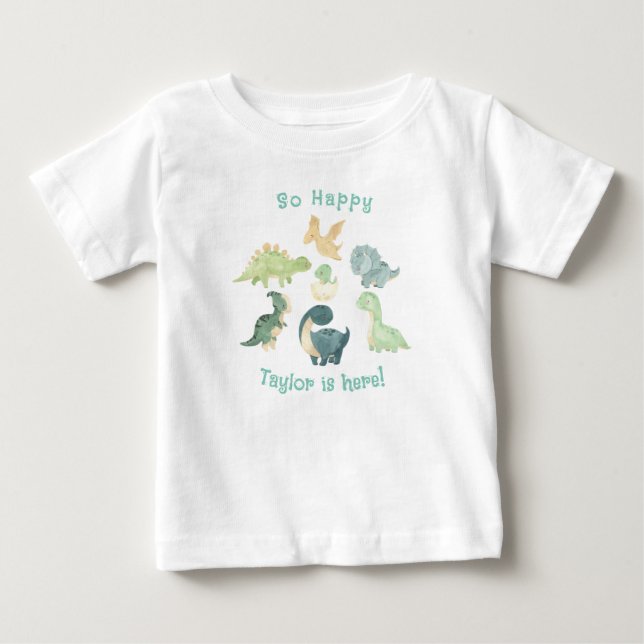 Camiseta De Bebé ¡El Bebé Está Aquí! Dinosaurio lindo personalizado (Anverso)