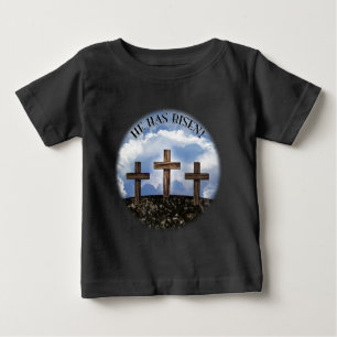 Camiseta De Bebé Él Ha Resucitado 3 Cruces Ásperas + Juan 3:16