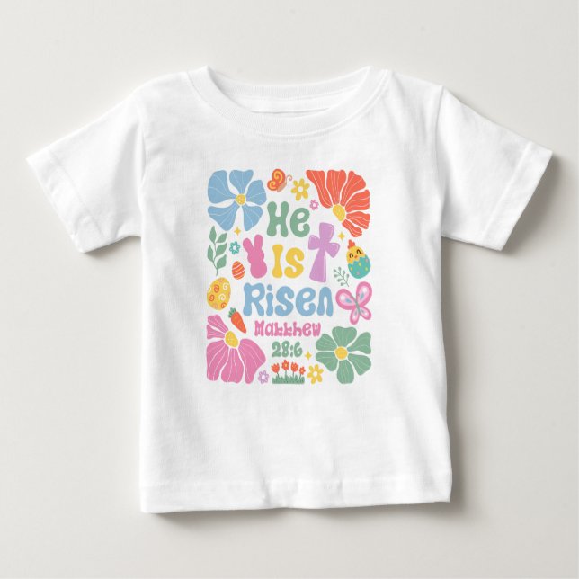 Camiseta De Bebé "Él ha Resucitado" Mateo 28:6 Boho Floral Pascua (Anverso)