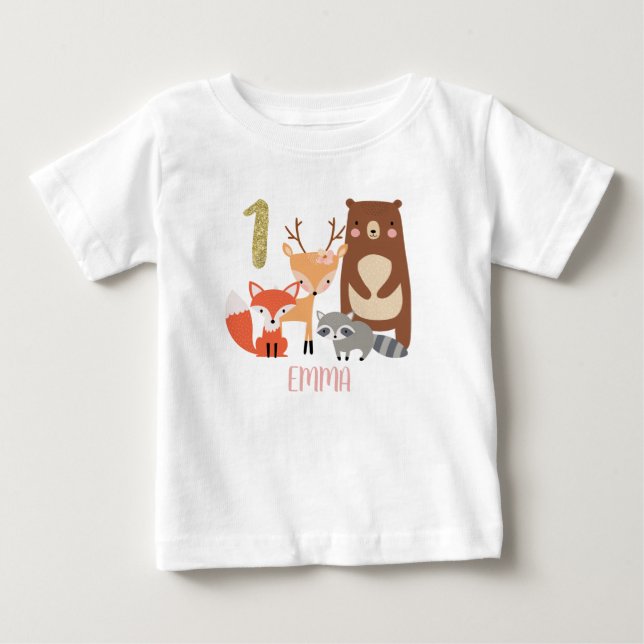 Camiseta De Bebé El primer cumpleaños personalizado de Woodland par (Anverso)