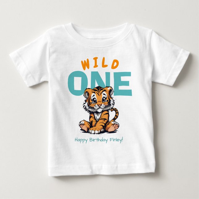 Camiseta De Bebé El primer tigre y nombre de cumpleaños de Wild ONE (Anverso)