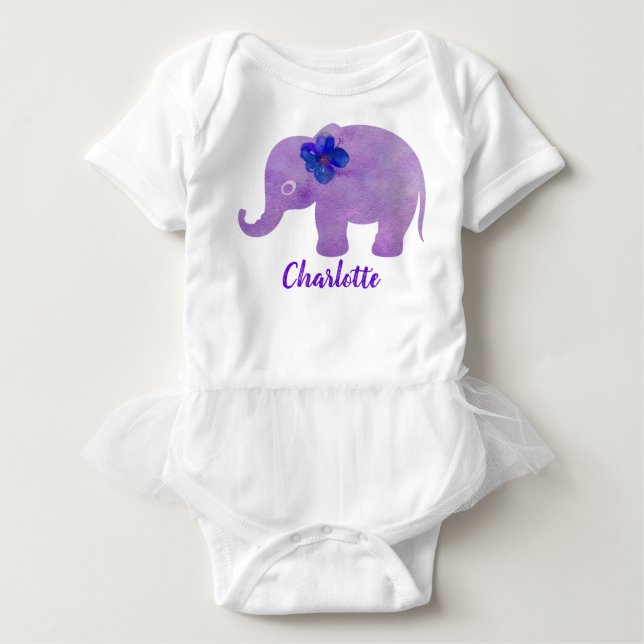 Camiseta De Bebé Elefante Acuarela Hibiscus Personalizable (Anverso)