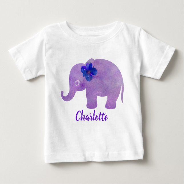 Camiseta De Bebé Elefante Acuarela Hibiscus Personalizable (Anverso)