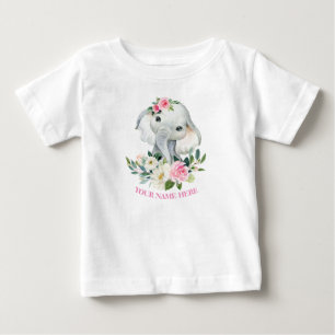 Camiseta De Bebé Elefante Adorable y Cumpleaños Floral Rosa 1er año