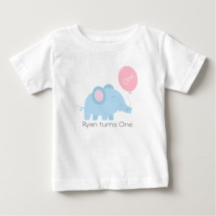 Camiseta De Bebé Elefante azul bebé lindo con un globo rosa