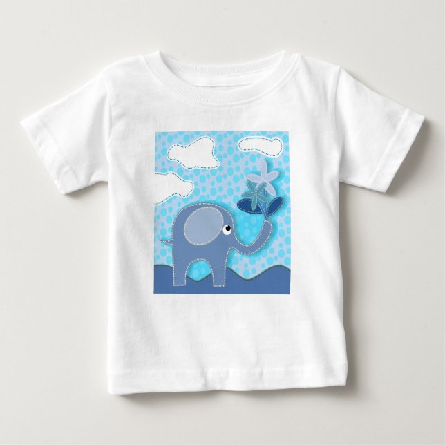 Camiseta De Bebé Elefante azul bebé y flores (Anverso)