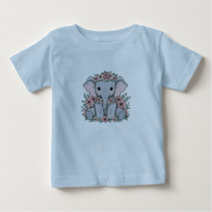 Camiseta De Bebé Elefante bebé lindo con flores rosas