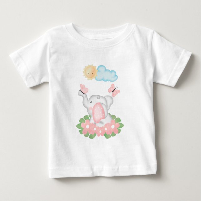 Camiseta De Bebé Elefante bebé lindo con flores rosas (Anverso)