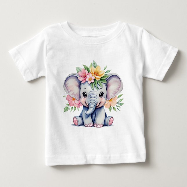 Camiseta De Bebé Elefante cutáneo acuarela con flores (Anverso)