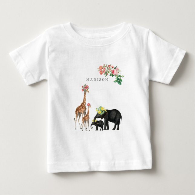 Camiseta De Bebé Elefante cutáneo y jirafa Personalizado floral nom (Anverso)