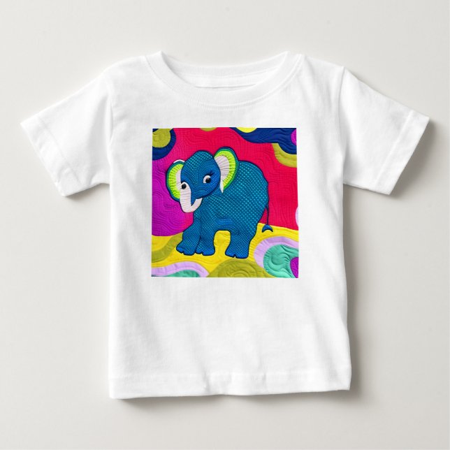 Camiseta De Bebé Elefante Cute Blue Baby - Diseño Quilt Like (Anverso)