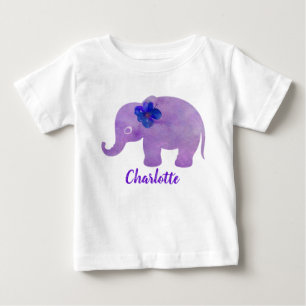 Camiseta De Bebé Elefante Hibisco Acuarela Personalizable