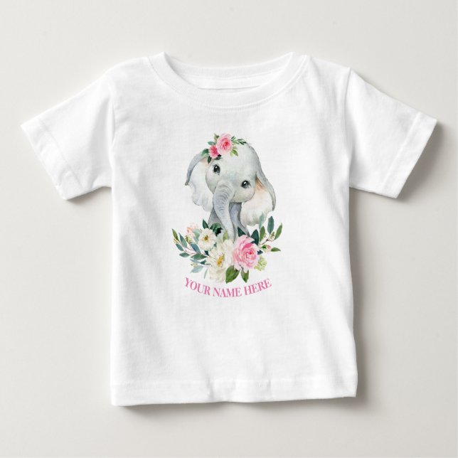 Camiseta De Bebé Elefante lindo y floral rosa Rubor 1º cumpleaños (Anverso)