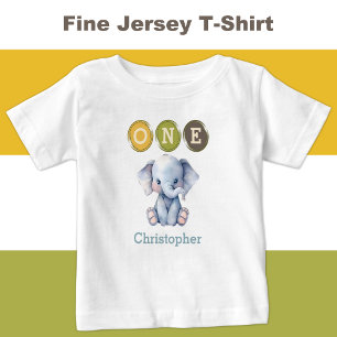 Camiseta De Bebé Elefante primer cumpleaños uno con nombre azul