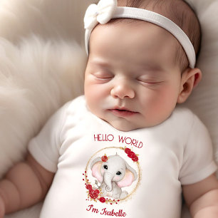 Camiseta De Bebé Elefante Rojo Roses Rojo Nombre Floral Recién Naci