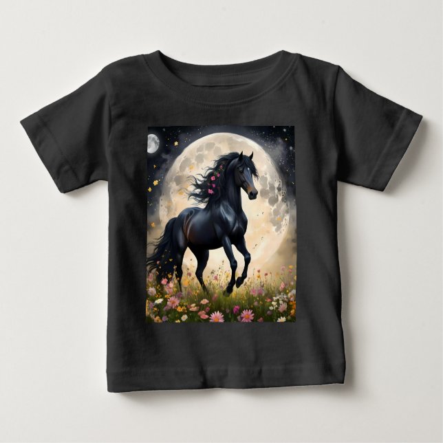 Camiseta De Bebé Elegancia lunar: caballo negro de fantasía con lun (Anverso)