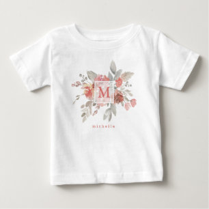 Camiseta De Bebé Elegante Monograma de color de agua floral rosa Ru