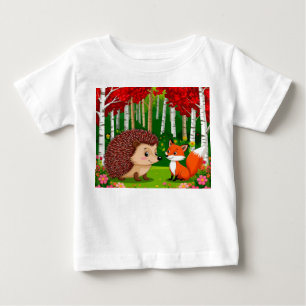 Camiseta De Bebé Erizo lindo y zorro en un bosque brillante
