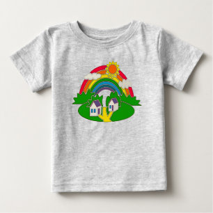 Camiseta De Bebé Escena rural personalizado con arcoiris y casa de 