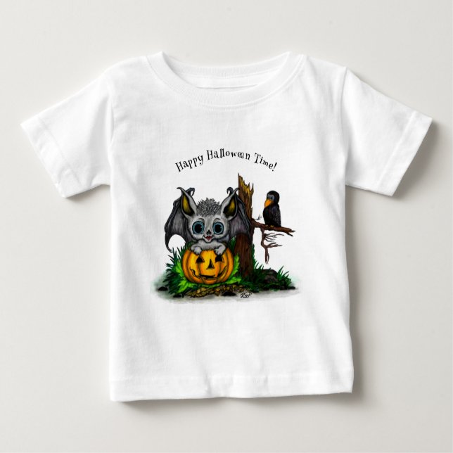 Camiseta De Bebé Esperando Halloween , Cute Bat y Raven (Anverso)