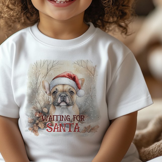 Camiseta De Bebé Esperando Por El Bulldog Santa Francés Cute Acuare (Waiting For Santa French Bulldog Cute Watercolor Baby T-Shirt. Change the message to personalize.)
