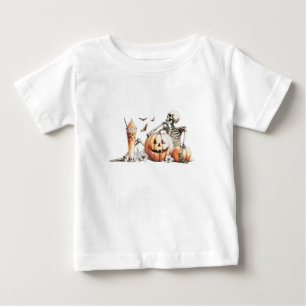 Camiseta De Bebé Esqueleto con calabaza y bebida. Halloween.