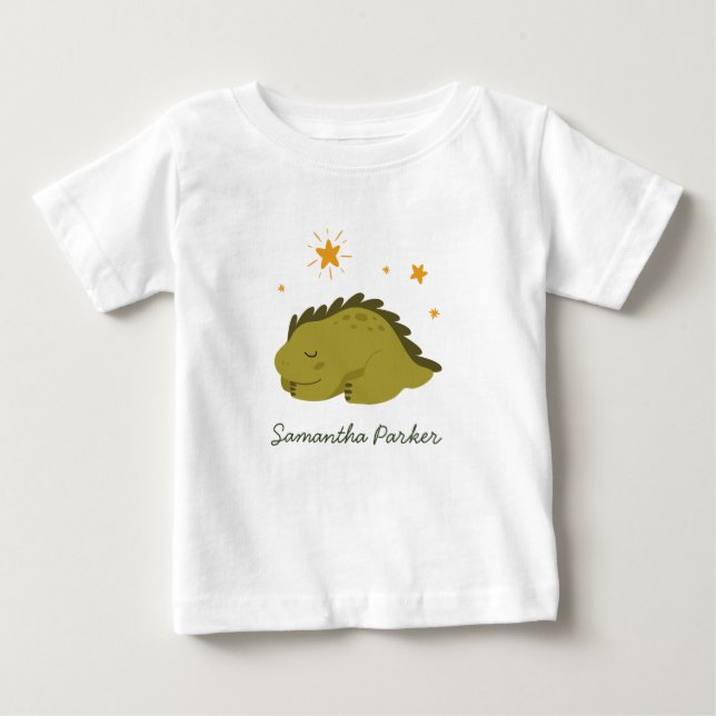 Camiseta De Bebé Estrella Brillante Dinosaurio Verde Sin Género  (Anverso)