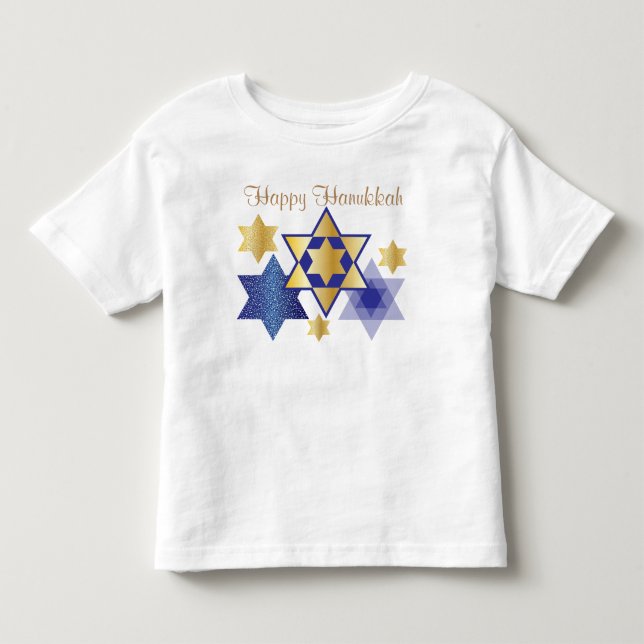 Camiseta De Bebé Estrellas doradas y azules de David Happy Hanukkah (Anverso)