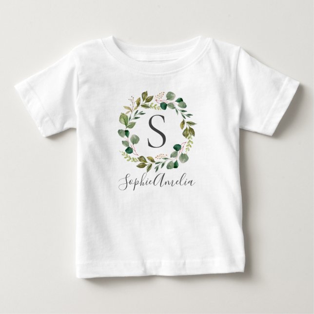 Camiseta De Bebé Eucalyptus Leafy Wreath Nombre del bebé personaliz (Anverso)