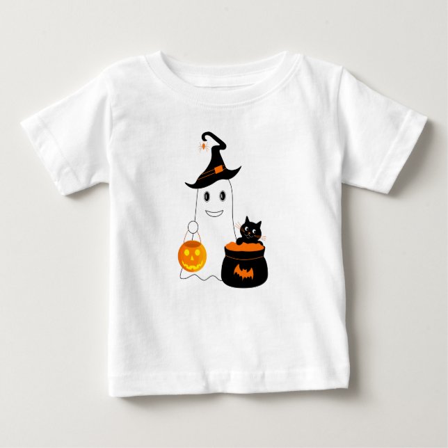 Camiseta De Bebé Fantasma chiquita con gato negro celebra Halloween (Anverso)