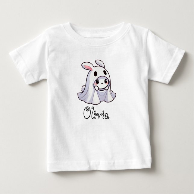 Camiseta De Bebé Fantasma de conejo, nombre personalizado, Hallowee (Anverso)