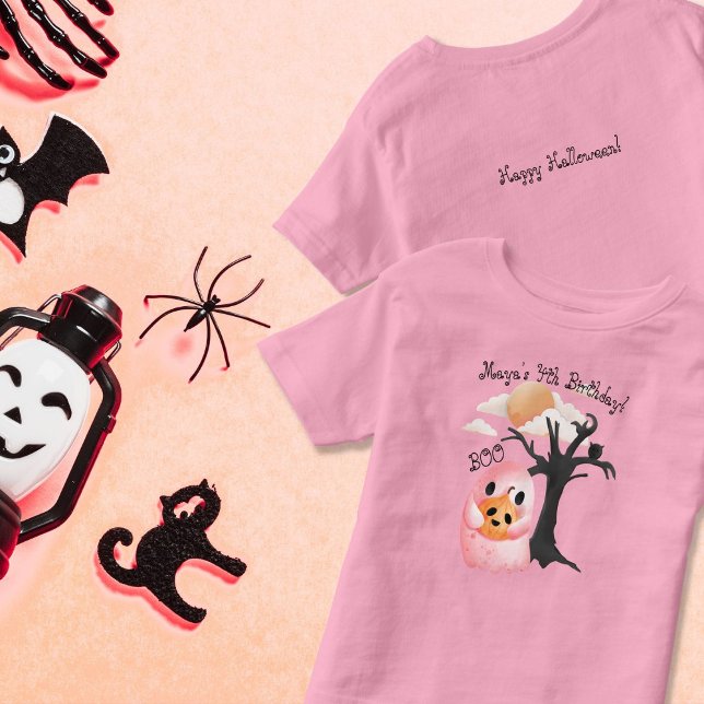 Camiseta De Bebé Fantasma rosa de Halloween 4 cumpleaños (Sweet pink halloween birthday)