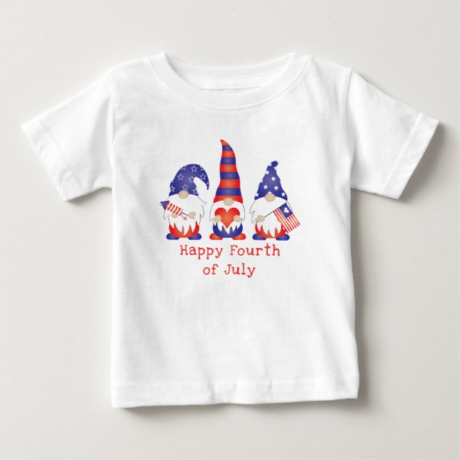 Camiseta De Bebé Feliz 4 De Julio Gnome Azul Blanco Rojo (Anverso)