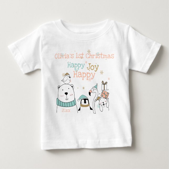 Camiseta De Bebé Feliz alegría, animales, primeros Navidades (Anverso)