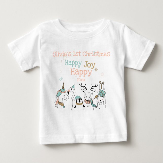 Camiseta De Bebé Feliz alegría, animales, primeros Navidades del be (Anverso)