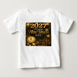 Camiseta De Bebé Feliz Año Nuevo 2027 Fuegos Artificiales de Oro