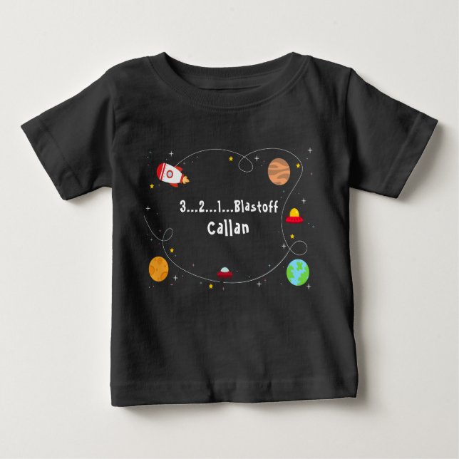 Camiseta De Bebé Feliz cumpleaños 3...2..1...Blastoff T-Shirt (Anverso)