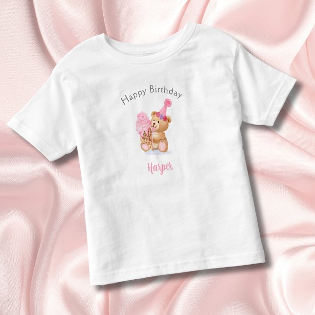 Camiseta De Bebé Feliz cumpleaños Chica Teddy Bear Ice Cream (Subido por el creador)