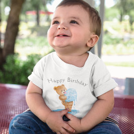 Camiseta De Bebé Feliz Cumpleaños Niño Oso de Peluche Helado