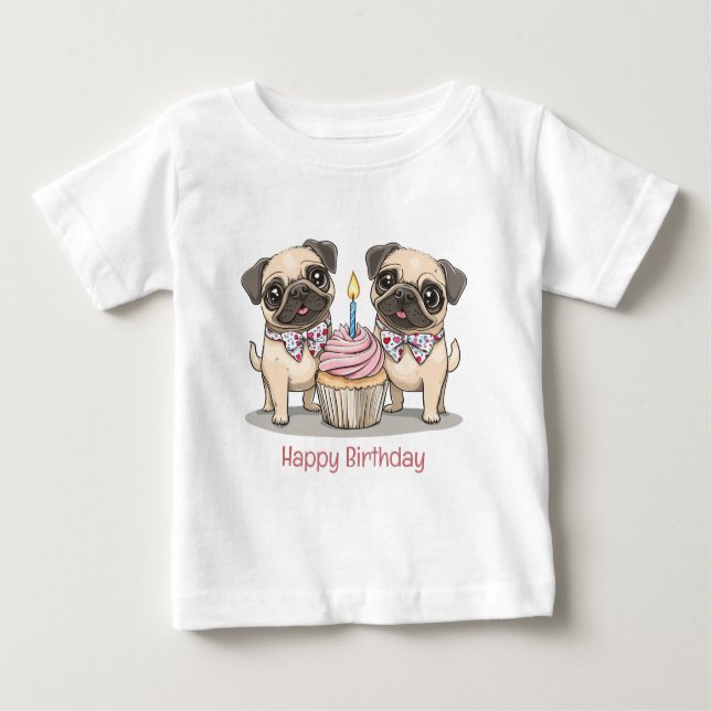 Camiseta De Bebé Feliz cumpleaños, pastelito de perros pug (Anverso)
