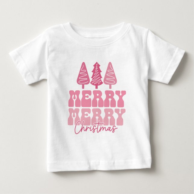 Camiseta De Bebé Feliz Feliz Navidad - Diseño de vacaciones rosas (Anverso)