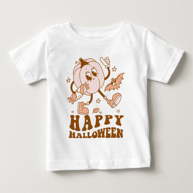 Camiseta De Bebé Feliz Halloween| Calabaza de punto de Polka retro (Anverso)