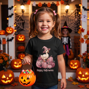 Camiseta De Bebé Feliz Halloween Pato Bruja Rosa y Calabazas Rosas