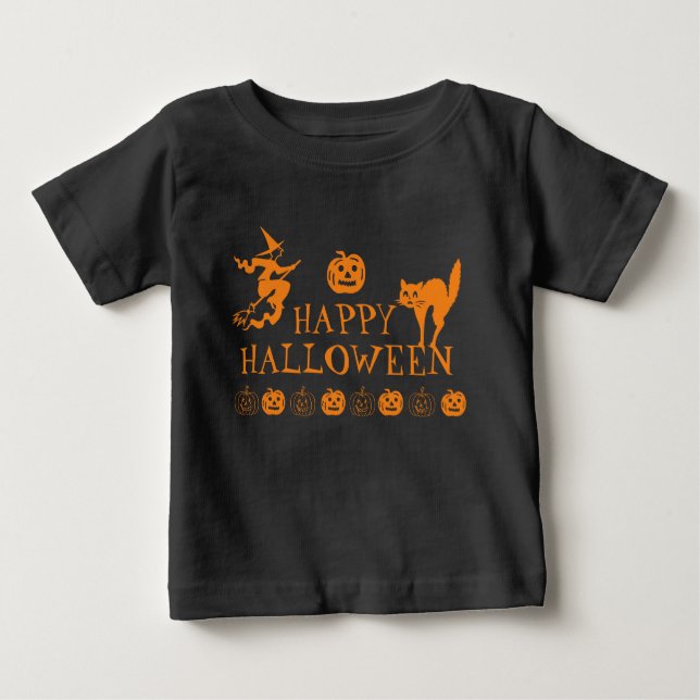 Camiseta De Bebé Feliz naranja negro de Halloween bebé asustado (Anverso)