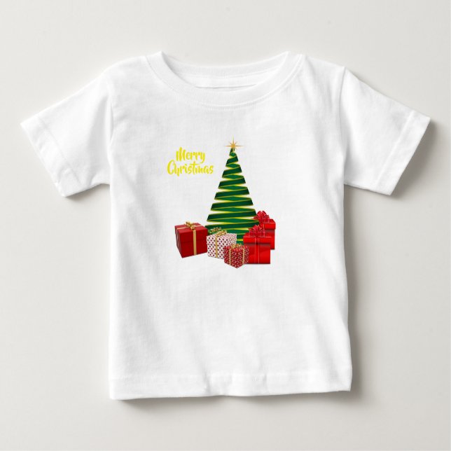 Camiseta De Bebé Feliz Navidad ~ Árbol con regalos (Anverso)
