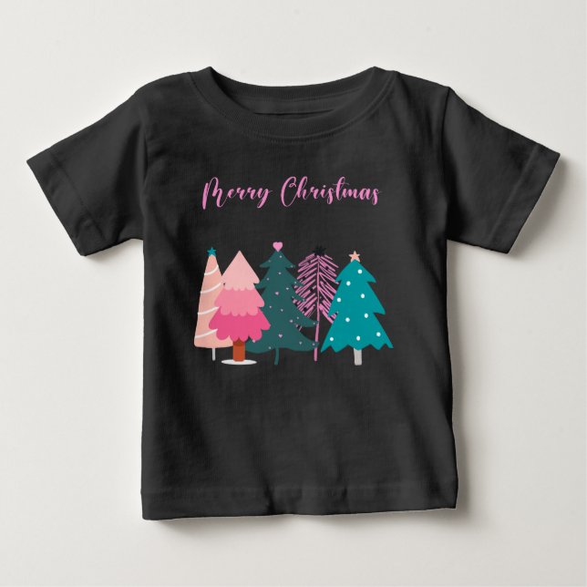 Camiseta De Bebé Feliz navidad árboles de navidad rosados arrojan a (Anverso)