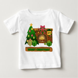 Camiseta De Bebé Feliz Navidad cerca de la chimenea de fuego árbol