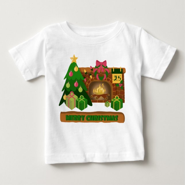 Camiseta De Bebé Feliz Navidad cerca de la chimenea de fuego árbol  (Anverso)