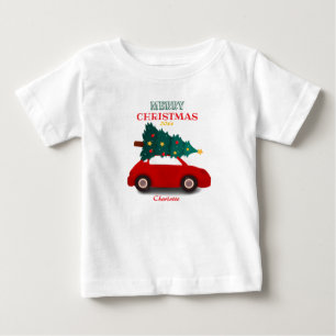 Camiseta De Bebé Feliz Navidad Cochecito Rojo Antiguo Nombre